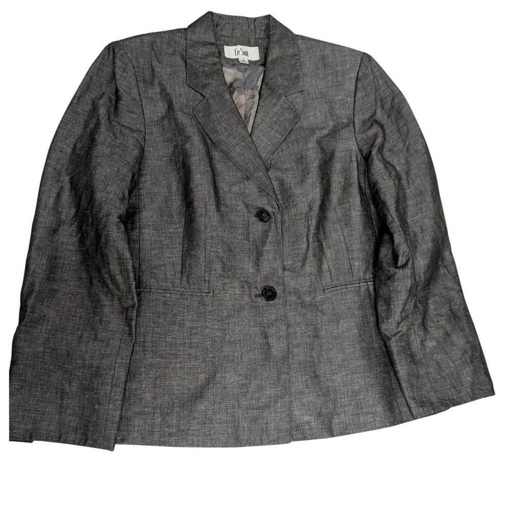 Le Suit Women's 14 Gray Linen Cotton Blazer Lined Career Office Work Jacket